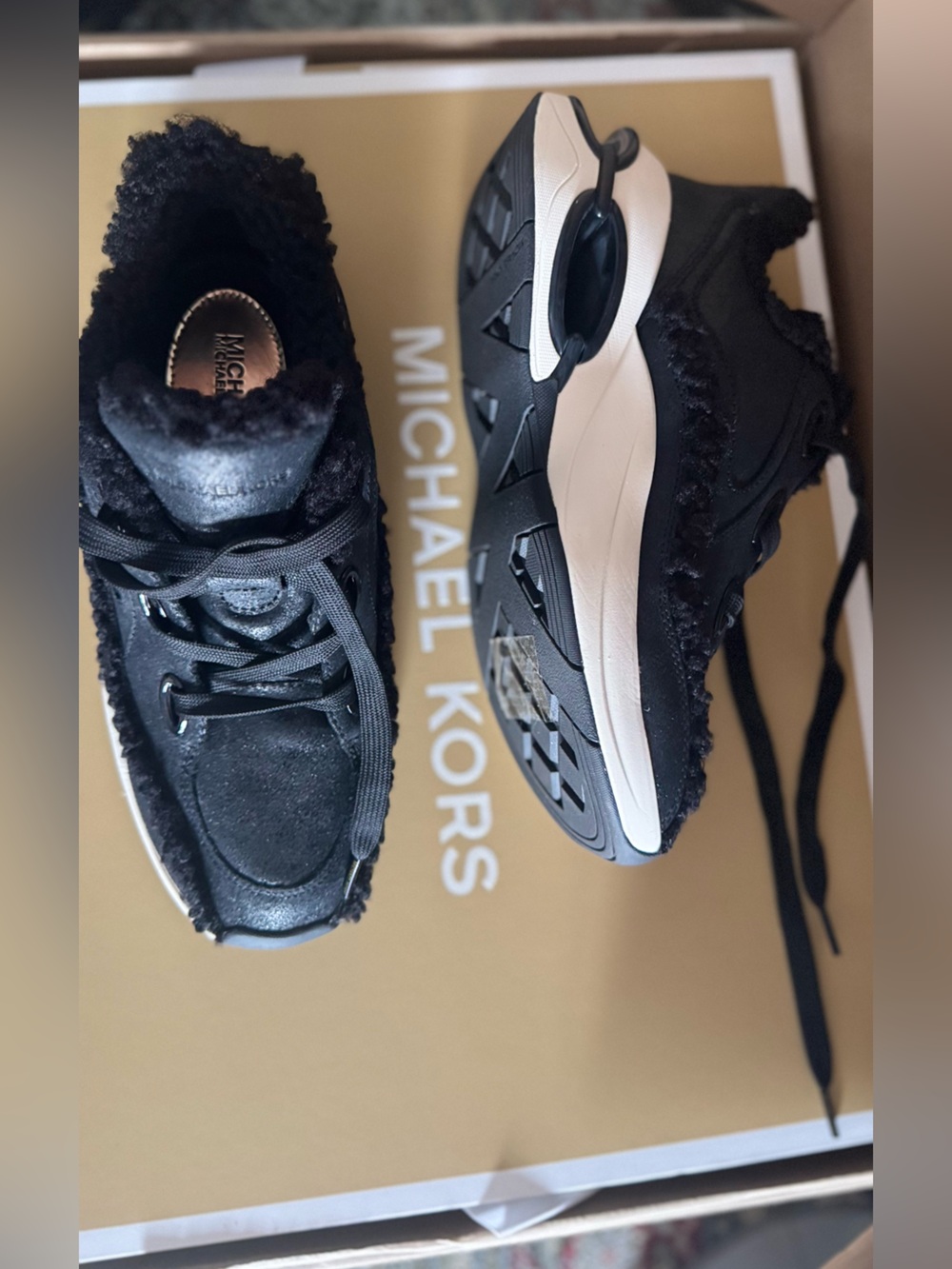 Michael Kors Black & White Faux-Shearling Sneakers